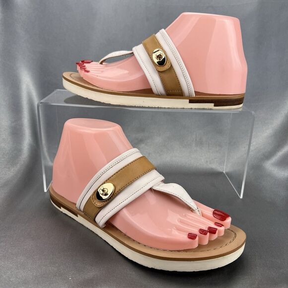 COACH Eileen Turn-lock Slide Sandals Women's 6 B Thong Cream Tan Summer Vacation - Picture 1 of 17